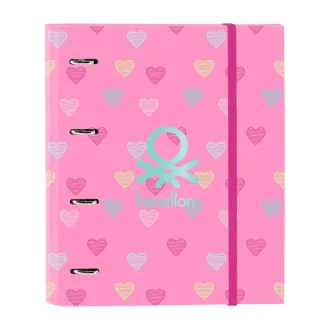 Safta Benetton Heart Carpeta con 4 Anillas 35mm - Tapas Duras Forradas - Recambio 100 Hojas - Cierre Elastico - Incluye Separadores - Cuadricula 5x5mm - 270x35x320mm - Color Rosa