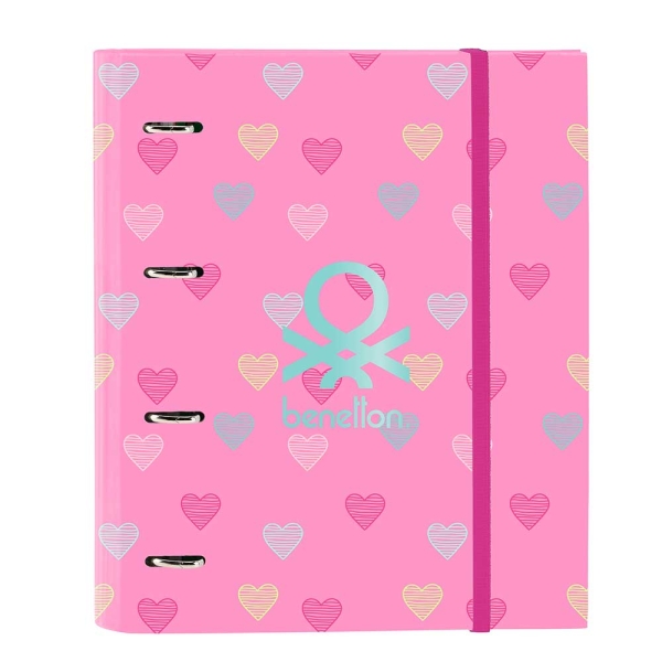 Safta Benetton Heart Carpeta con 4 Anillas 35mm - Tapas Duras Forradas - Recambio 100 Hojas - Cierre Elastico - Incluye Separadores - Cuadricula 5x5mm - 270x35x320mm - Color Rosa