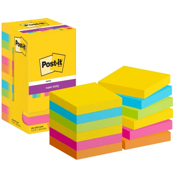 Post-It Super Sticky Pack de 12 Blocs de 90 Notas Adhesivas Reposicionables - Forma Cuadrada - 76x76mm - Colores Surtidos