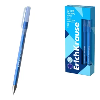 ErichKrause G-Ice Stick Original Boligrafo con Capuchon - Punta de 0.5mm - Trazo 0.4mm - Tinta de Gel - Resistente al Agua - Secado Rapido - Tapa Ventilada - Color Azul · Pack de 12 uds.