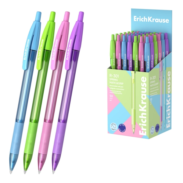 ErichKrause R-301 Matic and Grip Spring Boligrafo Retractil - Modelos Surtidos - Trazo 0.35mm - Zona de Agarre de Goma - Color Azul · Pack de 50 uds.