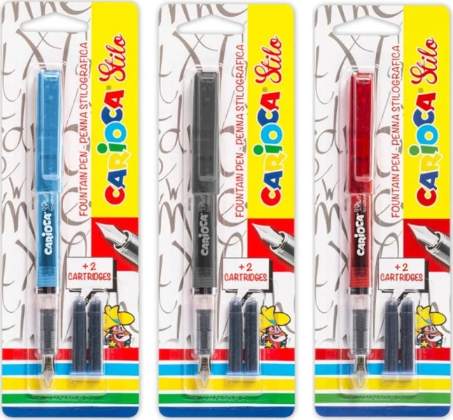 Carioca Pack de 1 Pluma Estilografica + 2 Cartuchos - Cartuchos Estandar de Tinta Azul - Escritura Suave y Precisa - Colores del Cuerpo Surtidos Aleatorios