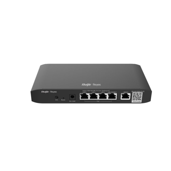 Ruijie RG-EG105G-P-V3 Router Gestionado - 5 Puertos de 1Gbps - Soporta hasta 2 Enlaces WAN - 4xPoE 54W - 600Mbps - Capacidad hasta 100 Usuarios - Gestion en la Nube - Color Negro