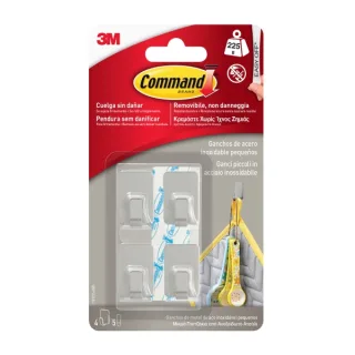 Command Pack de 4 Ganchos Compactos - Acero Inoxidable - 5 Tiras Adhesivas - Soporta hasta 225G - Talla S - Color Transparente