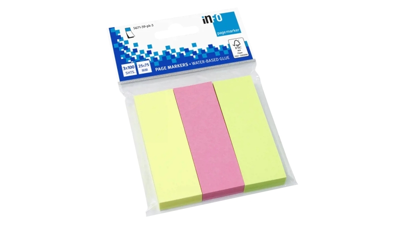 Global Notes inFO Pack de 3 Blocs de 100 Marcadores de Pagina 75 x 25mm - Certificacion FSC™ - Colores Amarillo, Verde y Rosa