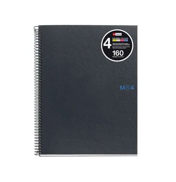 Miquel Rius Notebook4 Cuaderno de Espiral Formato A5 - 160 Hojas de 90gr Microperforadas con 2 Taladros - Cubiertas de Carton Extraduro - Cuadricula 5x5 - Color Gris Oscuro · Pack de 5 uds.