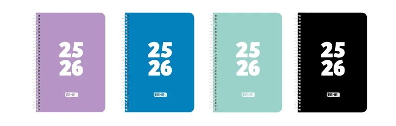 Enri Teens Agenda Escolar 25/26 Espiral Semana Vista - Tamaño 4º - Tapa de Plastico - Esquinas Microperforadas - Espacio para Notas - Colores Surtidos · Pack de 4 uds.
