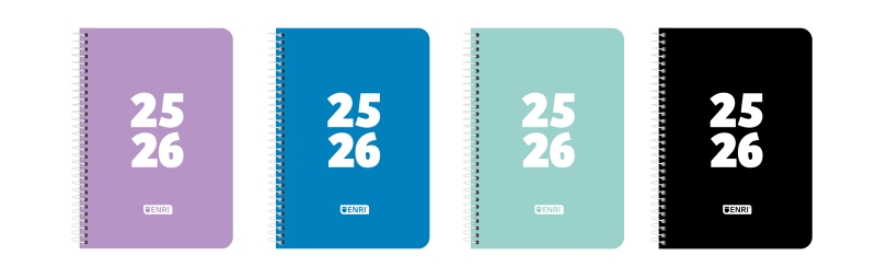 Enri Teens Agenda Escolar 25/26 Espiral Semana Vista - Tamaño 4º - Tapa de Plastico - Esquinas Microperforadas - Espacio para Notas - Colores Surtidos · Pack de 4 uds.