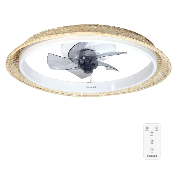 Cecotec EnergySilence LampAero 620 Natural Design Ventilador de Techo con 5 Aspas y Luz - 20W - Tulipa de Mimbre - 3 Tonos LED - Temporizador - 6 Velocidades - Modo Invierno - Color Madera Claro