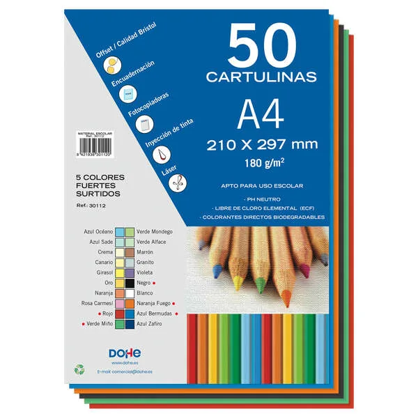 Dohe Pack de 50 Cartulinas A4 de 180gr - Con PH Neutro - Libres de Cloro Elemental - Colores Intensos Surtidos
