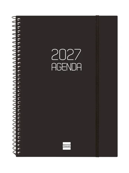 Finocam Espiral Basics Opaque Agenda - Anual 2027 - Semana Vista Horizontal - Formato E10 - 155x212mm - Espiral - Tapa de Polipropileno - Esquinas Microperforadas - Papel de 80g/m2 - Color Negro