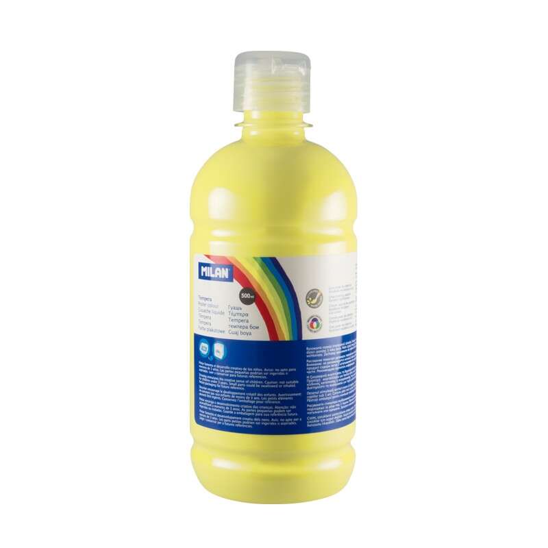 Milan Botella de Tempera 500ml - Tapon Dosificador - Secado Rapido - Mezclable - Color Amarillo Limon