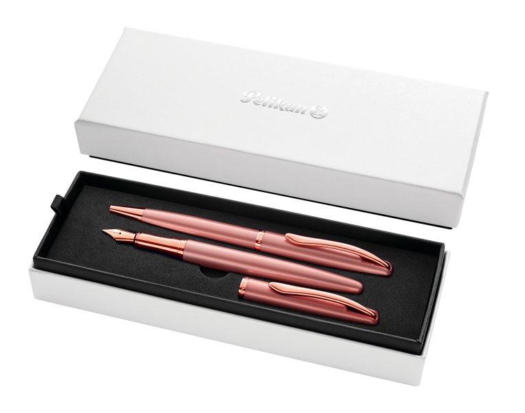 Pelikan Jazz Noble Set de Boligrafo y Estilografica - Cuerpo Satinado con Detalles Cromados - Incluye Estuche de Regalo - Color Rosa