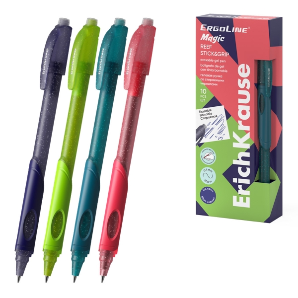ErichKrause ErgoLine Magic Stick and Grip Reef Boligrafo Borrable - Modelos Surtidos - Trazo 0.4mm - Tinta de Gel - Resistente al Agua - Zona de Agarre de Goma - Color Azul · Pack de 10 uds.