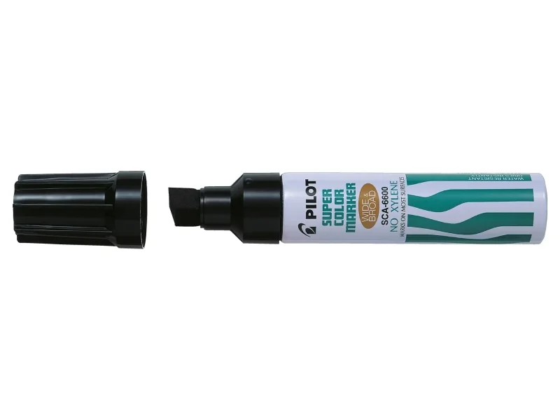 Pilot Super Color 6600 Rotulador Permanente Multisuperficie Extragrueso - Punta Biselada Extragruesa de Fibra - Tinta Base Alcohol Libre de Xileno - Cuerpo Metalico - Color Negro · Pack de 12 uds.