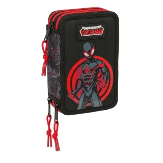 Safta Miles Morales Plumier de 3 Pisos - 37 Piezas - 1.3L - Goma - Lapiz - Boligrafos - Sacapuntas - Reglas - 16 Colores - 14 Rotuladores - Ideal para Estudiantes - 125x55x195mm - Color Negr