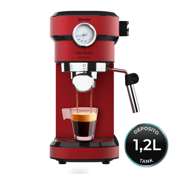 Cecotec Cafelizzia 790 Shiny Pro Cafetera Espresso - 1350W - 20Bar - Deposito 1.2L Extraible - Vaporizador Orientable - Calentamiento Rapido y Homogeneo - Doble Salida de Cafe - Color Rojo