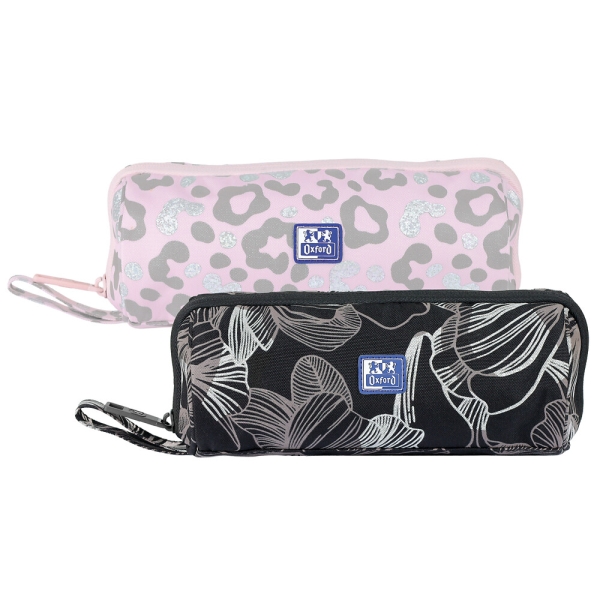 Oxford Dream Tech Estuche Portatodo Redondo - Apertura Total - 8 Compartimentos - Goma Kangoo Acoplable a Cuadernos y Carpetas - Asa de Transporte - Diseños Animal Print y Floral Print · Pack de 4 uds.