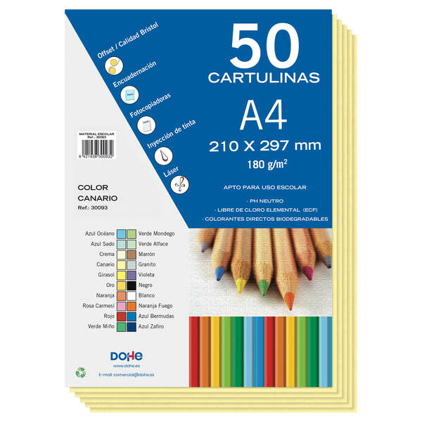 Dohe Pack de 50 Cartulinas A4 de 180gr - Con PH Neutro - Libres de Cloro Elemental - Color Amarillo Canario