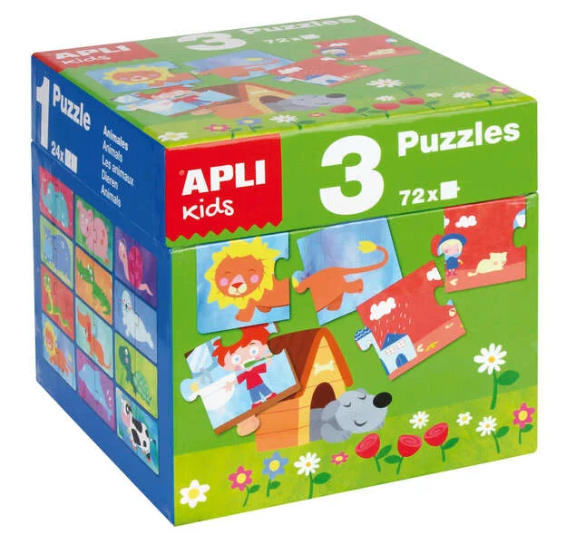 Apli Puzles Educativos - 24 Piezas de 7x7cm - Desarrollo de Habilidades y Capacidades - Tematicas: Animales, Casa y Estaciones - Ideal para Niños de 3 Años en Adelante - Formato de Cubo Resistente y Seguro