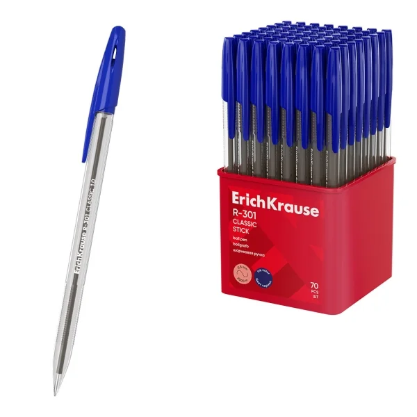ErichKrause R-301 Stick Classic Boligrafo con Capuchon - Punta de 1.0mm - Cuerpo Transparente - Trazo 0.5mm - Tinta de Secado Rapido - Tapa Ventilada - Color Azul · Pack de 70 uds.