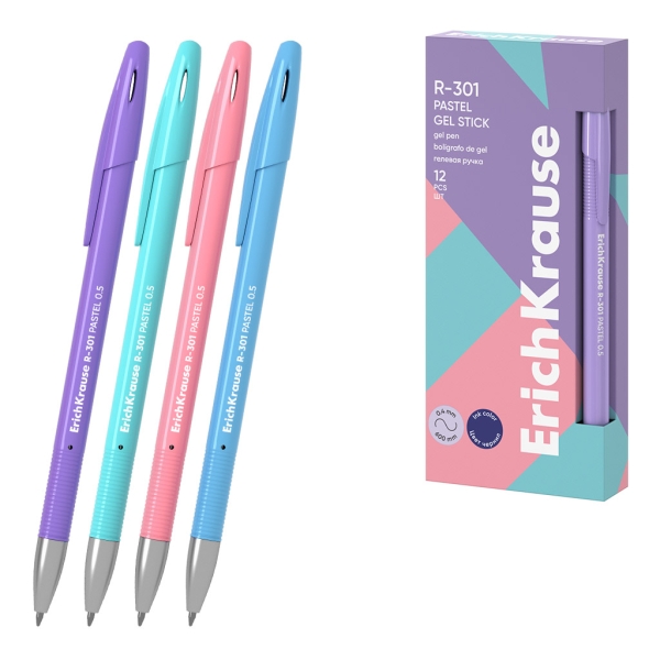 ErichKrause R-301 Gel Stick Pastel Boligrafo con Capuchon - Modelos Surtidos - Trazo 0.4mm - Tinta de Gel - Resistente al Agua - Secado Rapido - Tapa Ventilada - Color Azul · Pack de 12 uds.