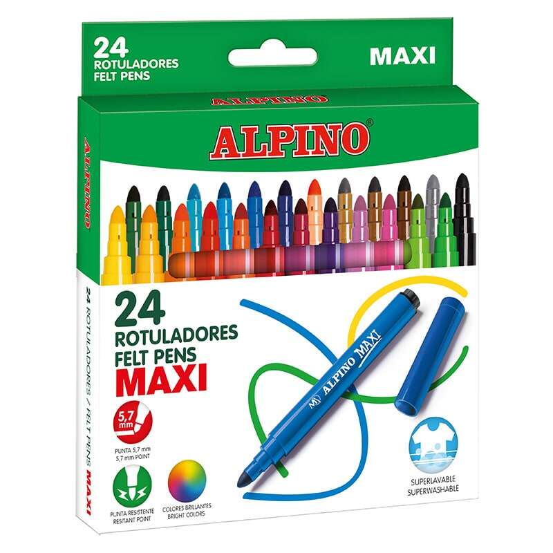 Alpino Maxi Pack de 24 Rotuladores Gruesos - Punta de 6mm - Superlavables, Resistentes, Duraderos y de Colores Brillantes - Ideal para Uso Escolar - Colores Surtidos