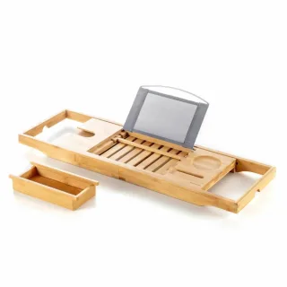 Innovagoods Trayth Bandeja Extensible de Bambu hasta 104cm - Soporta hasta 12kg - Incluye Accesorios - Antideslizante - Atril Plegable - Soporte de Vasos y Copas - 104x22x4cm - Color Madera