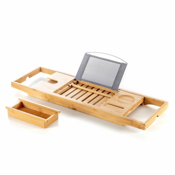 Innovagoods Trayth Bandeja Extensible de Bambu hasta 104cm - Soporta hasta 12kg - Incluye Accesorios - Antideslizante - Atril Plegable - Soporte de Vasos y Copas - 104x22x4cm - Color Madera