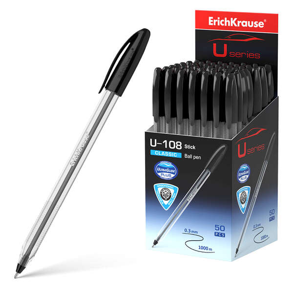 Erichkrause U-108 Boligrafo Clasico - Punta de Bola 1.0mm - Trazo de 0.3mm - Tapa Ventilada - Ultra Glide Technology - Color Negro · Pack de 50 uds.