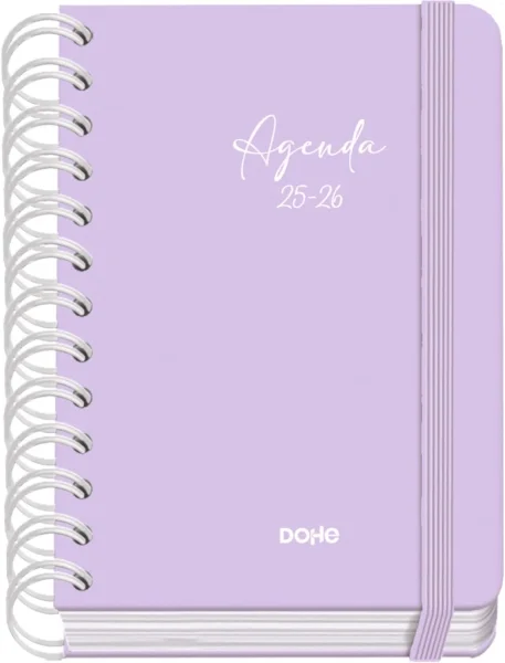 Dohe Serenity Agenda Escolar 25/26 Espiral Wire’o A6 - Dia Pagina - Papel 80g/m2 - 4 Hojas de Pegatinas - Cubierta de Carton Plastificado - Cierre con Goma Elastica - Color Morado