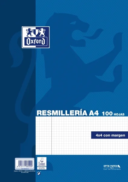 Oxford Resmilleria de 100 Hojas - Formato A4 - Cuadricula 4x4mm con Margen - Tapa Blanda - sin Taladros - Color Azul