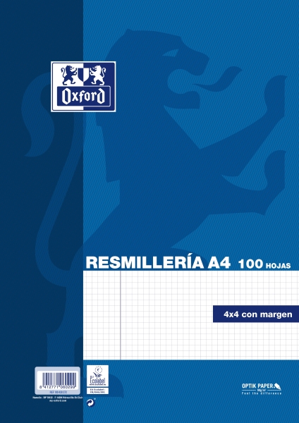 Oxford Resmilleria de 100 Hojas - Formato A4 - Cuadricula 4x4mm con Margen - Tapa Blanda - sin Taladros - Color Azul