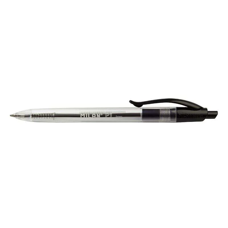 Milan P1 Boligrafo de Bola Retractil - Punta Redonda 1mm - Cuerpo Transparente - Color Negro · Pack de 25 uds.