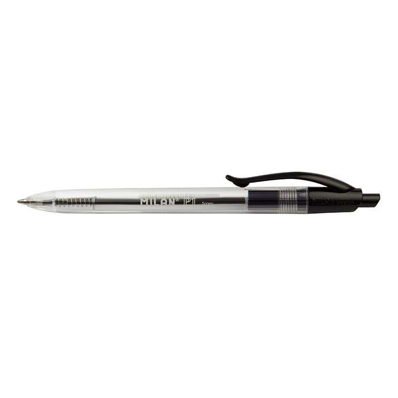 Milan P1 Boligrafo de Bola Retractil - Punta Redonda 1mm - Cuerpo Transparente - Color Negro · Pack de 25 uds.