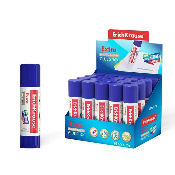 Erichkrause Pegamento en Barra Extra 15gr - Formula Super Fuerte - Consumo Economico - Adhesion Rapida y Fiable - Facil de Lavar con Agua - No Toxico - Color Blanco · Pack de 20 uds.