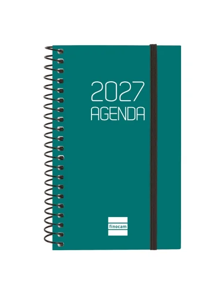 Finocam Espiral Basics Opaque Agenda - Anual 2027 - Semana Vista Horizontal - Formato E3 - 79x127mm - Espiral - Tapa de Polipropileno - Esquinas Microperforadas - Papel de 80g/m2 - Color Verde