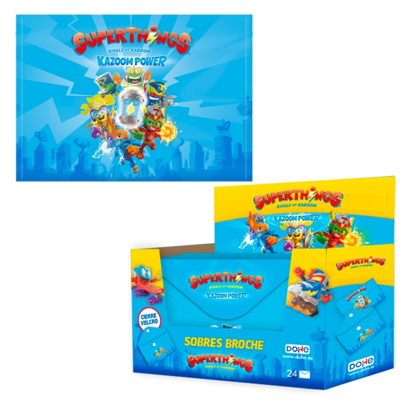 Dohe Superthings Expositor con 24 Sobres - Formato Apaisado - Polipropileno de 200 micras - Velcro - Color Azul