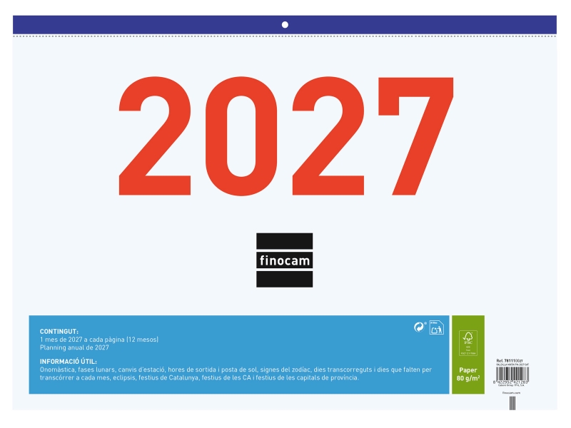 Finocam Calendario Faldilla en Catalan - Anual 2027 - Mes Vista - Formato F94 - 430x310mm - Papel de 80g/m2 Microperforado - Numeros Grandes - Espacio para Notas - Color Azul y Blanco