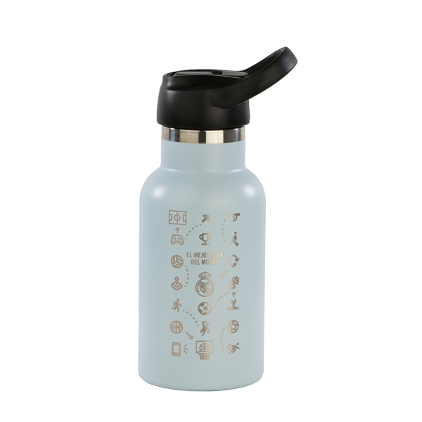 Safta Real Madrid Botella Reutilizable 350mL - Doble Pared - Base de Silicona - Acero Inoxidable - Tapon con Valvula - 12H Caliente / 24H Frio - 19.5x7.3x7.3cm - Color Menta
