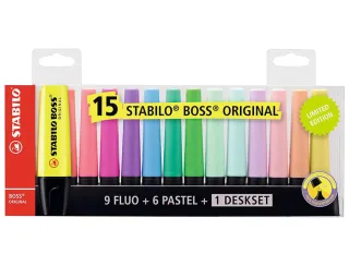 Stabilo Boss 70 Pack de Escritorio de 15 Marcadores Fluorescente - Practica Base para Escritorio - Trazo entre 2 y 5mm - Recargable - Tinta con Base de Agua - Colores 9 Fluo + 6 Pastel