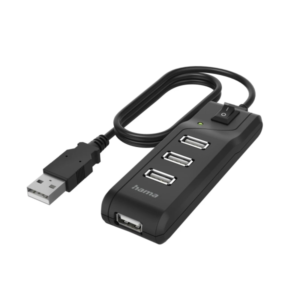 Hama Essential Hub USB 2.0 - Cable USB-A Integrado de 1.8m - 4x USB-A - Color Negro