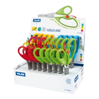 Milan Return Expositor con 18 Tijeras Return - Mango Ergonomico - Punta Redondeada - Acero Inoxidable de 14.4cm - Colores Surtidos