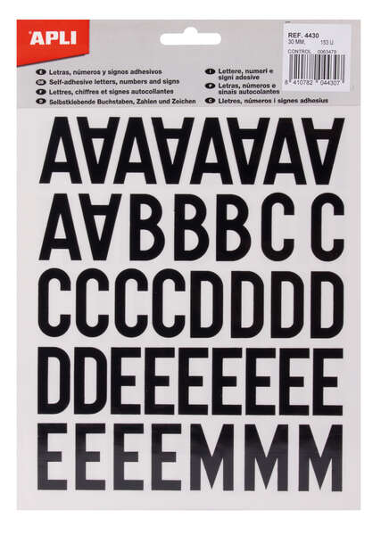 Apli Letras Adhesivas de Palo Mayusculas - Altura 30mm - Color Negro - Pack de 4 Hojas con 153 Letras · Pack de 5 uds.