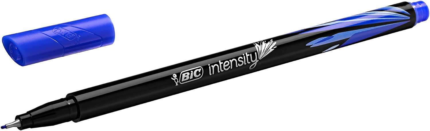 Bic Intensity Fine Rotulador de Punta Fina de 0.8mm - Trazo de 0.4mm - Tinta con Base de Agua - Color Azul · Pack de 12 uds.