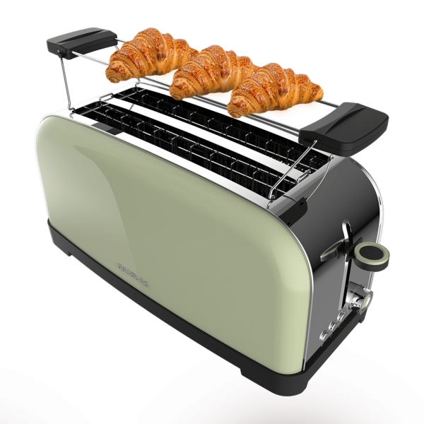 Cecotec Toastin' Time 1500 Tostadora de Doble Ranura Larga - 1500W - Ranura Ancha - Acero Inoxidable - Calienta Panecillos - Apagado y Pop-Up Automatico - 7 Niveles de Tostado - Color Menta