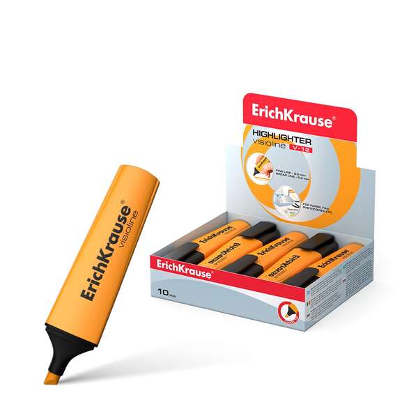 Erichkrause Visioline V-12 Marcador Fluorescente - Punta Biselada - Tinta a Base de Agua - Color Naranja · Pack de 10 uds.