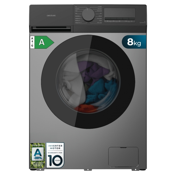 Cecotec Bolero DressCode 8450 Inverter Steel Lavadora de Carga Frontal - Capacidad 8kg - Velocidad 1400rpm - Temperatura Regulable - Display LED - Motor Inverter - Inicio Programable - Color Gris