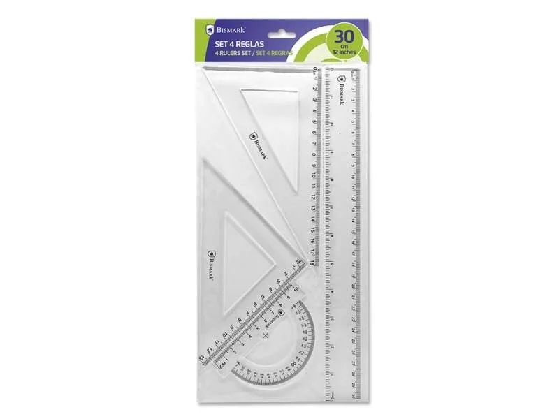 Bismark Pack de Reglas para el Colegio - Incluye Regla de 30cm - Escuadra de 12,5cm - Cartabon de 17.5cm - Transportador de 10cm - Presentacion en Bolsa Transparente - Color Transparente