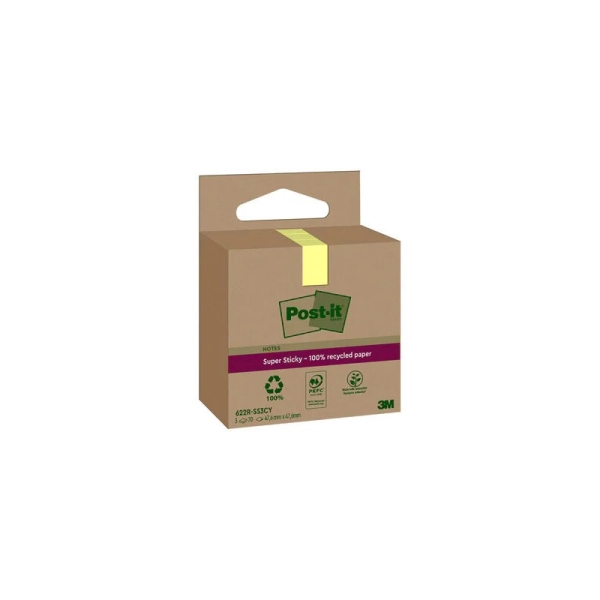 Post-It Super Sticky Pack de 3 Blocs de 70 Notas Adhesivas Recicladas - Forma Cuadrada - 47.6x47.6mm - Color Amarillo Claro